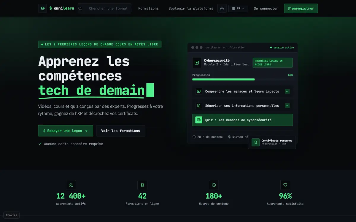 Accueil de la plateforme de cours OmniLearning